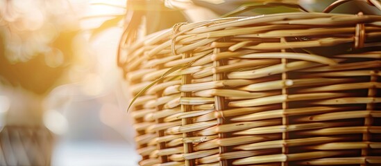 Wall Mural - weaving wicker basket indoors, closeup view. materials needed for weaving baskets and other products from paper tubes. Hobbies and craft. Copy space image. Place for adding text or design