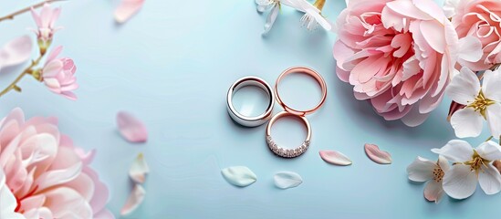 beautiful wedding rings pastel background  Flower  Wedding. Copy space image. Place for adding text and design