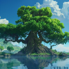 Wall Mural - A big tree in animation style, a big tree growing in the middle of the sea