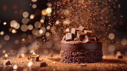 A close-up of a delicious chocolate cake covered in chocolate shavings and sprinkles, with bokeh lights in the background.