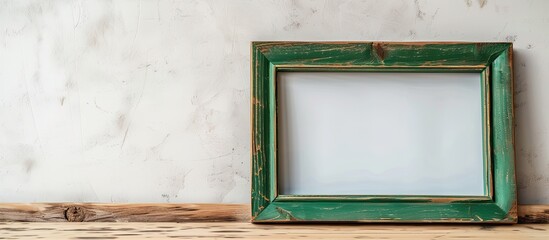 Wall Mural - Picture frame green wood frame in white background. Copy space image. Place for adding text and design