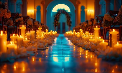 Wall Mural - Romantic candlelit wedding aisle leading to an elegant archway