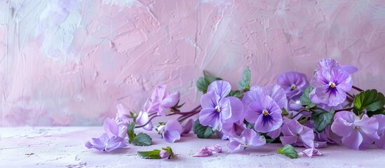 Sticker - A bundle of blooming viola odorata flowers pastel background. Copy space image. Place for adding text and design