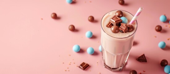 Poster - A cocktail glass with milk chocolate balls and a straw on a pastel background. Copy space image. Place for adding text and design