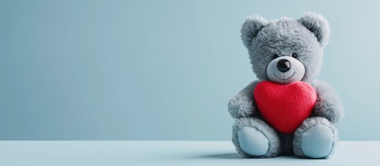 Wall Mural - Grey Teddy bear with a red heart on a pastel background. Copy space image. Place for adding text and design