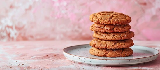 Wall Mural - Stack of double ginger cookies on a marble plate pastel background. Copy space image. Place for adding text and design