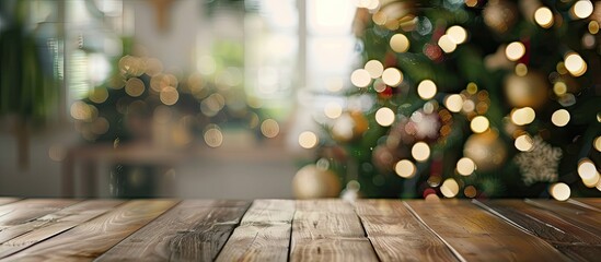 abstract blur decorated christmas ornament pine tree in home interior background with wood perspective tabletop for show,ads,design product on display concept in merry xmas and happy new year