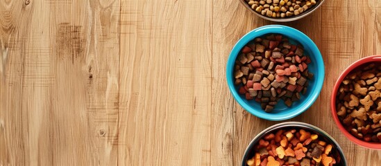 Poster - Dry and wet pet food in feeding bowls on wooden floor. Copy space image. Place for adding text or design