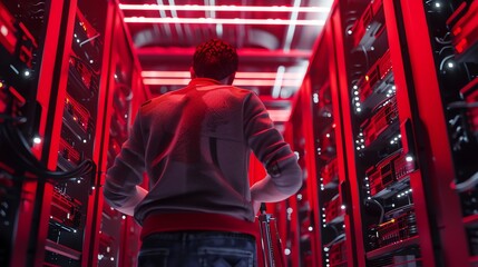 photo illustration of A tech professional servicing a data center rack, server room,  security, networking, server room, security, minning crypto. 2:1 