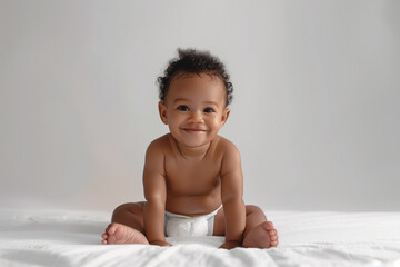 cute one year old afro american baby in white diaper on white background.