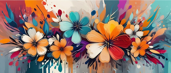 Wall Mural - Abstract Multicolored Painting Banner. Stylish Design Texture with Flowers.