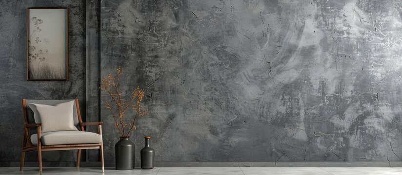 Grey stone and concrete wall background, home accessory and niche concept, chair, poster, vase of plant, home decoration style, still life. Copy space image. Place for adding text and design