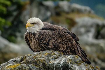 Wall Mural - Majestic bald eagle resting on a rock