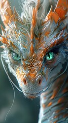 Canvas Print - Captivating Anthropomorphic Dragon with Shimmering Iridescent Fur Coat and Sparkling Emerald Eyes in Expressive Digital Painting Style