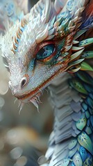 Canvas Print - Captivating Anthropomorphic Dragon with Iridescent Fur Coat and Sparkling Emerald Eyes