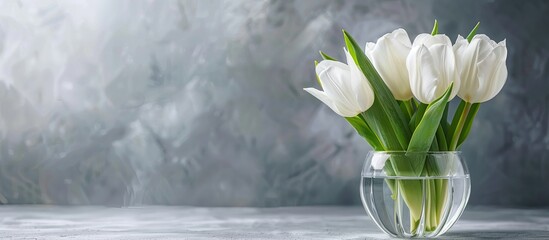 Wall Mural - bouquet of white tulips in a glass on the table close-up. Copy space image. Place for adding text and design