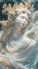 Ethereal Sea Goddess in Flowing Diaphanous Robes with Ornate Coral Crown and Shimmering Iridescent Scales