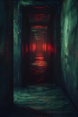 Poster - Ominous Hallways:Narrow,Labyrinthine Corridors with Dimly Lit Alcoves and Looming Shadows in a Retrofuturistic Science Fiction Setting