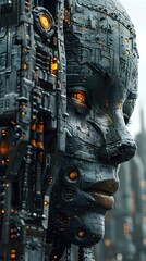 Poster - Towering Biomechanical Titan in Futuristic Cityscape with Plasma Conduits and Hydraulic Joints