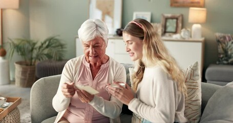 Poster - Grandma, woman or photograph for memory in home for nostalgia, learning or to remember. Senior grandmother, girl or family with pictures of old people, history or retro album on sofa in house lounge