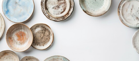 Wall Mural - Abstract pastel background image old period handmade house object made of ceramic antique plate composition on white background buying. Copy space image. Place for adding text and design