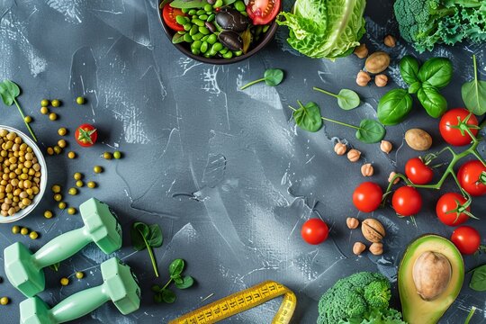 Vegetable salad and healthy food for women's slimming diet on wood background. Healthy Sport Concept.