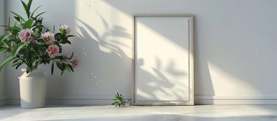 Wall Mural - A picture frame on the floor with a flower vase. Copy space image. Place for adding text and design