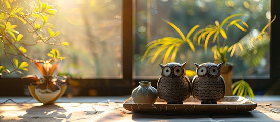Wall Mural - Owl ornaments sitting on a tray near a window in the sun. Copy space image. Place for adding text and design