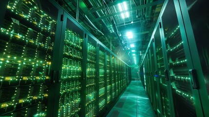 Poster - photo illustration of server rack in a data center , security, networking, minning many connected Nvidia GPUs, server room, security, minning crypto