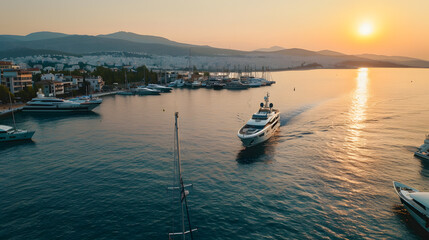 Wall Mural - Aerial drone photo of beautiful yacht manoeuvring inside round port of Zea or Passalimani a safe anchorage in seaside area of Piraeus Attica Greece : Generative AI