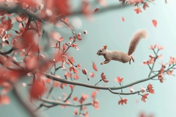 Wall Mural - A squirrel is jumping from a tree branch with pink leaves on the ground
