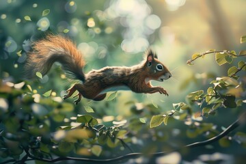 Wall Mural - A squirrel is jumping from a tree branch with leaves on the ground