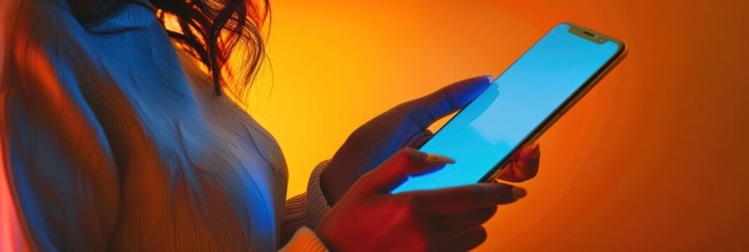 Close up of a woman hands using smartphone with blue light background with copy space, Social media concept.