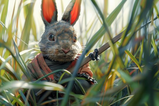 A rabbit is holding a fishing rod and is looking at the camera