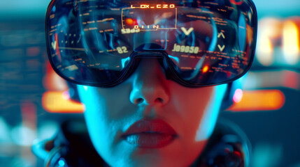 Wall Mural - person wearing vr goggles with codes reflecting off the lenses, intense expression, bottom third cop