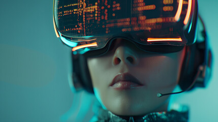 Wall Mural - person wearing vr goggles with codes reflecting off the lenses, intense expression, bottom third cop