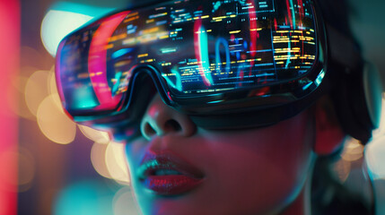 Wall Mural - person wearing vr goggles with codes reflecting off the lenses, intense expression, bottom third cop