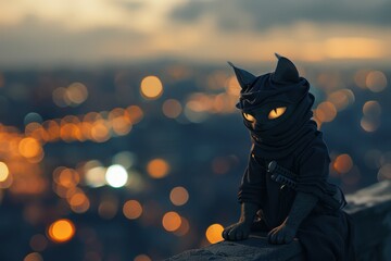 A cat wearing a black mask and a black jacket is sitting on a ledge in a city