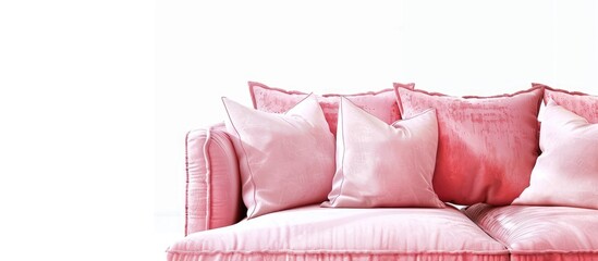 Wall Mural - Fragment of a pink sofa with pillows, close-up, on a white background in isolation. Copy space image. Place for adding text and design