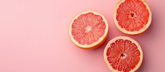 Wall Mural - Grapefruit sliced on pastel pink background. Minimal fruit concept. Copy space image. Place for adding text or design
