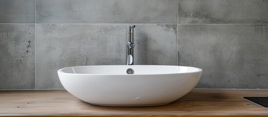 Canvas Print - White sink with a crane. Modern new fittings in the bath. stainless steel faucet next to the empty brown wooden shelf.  Background grey tiles. Interior of the bathroom. Copy space image