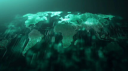 Wall Mural - a world map made entirely of matrix code, glowing continents, upper third copy space