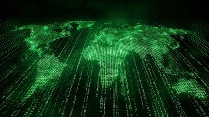 Wall Mural - a world map made entirely of matrix code, glowing continents, upper third copy space