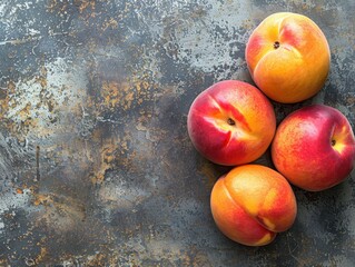 Sticker - Ripe peaches placed on a weathered metallic surface, highlighting rustic charm. Perfect for food and organic presentations. ​