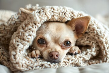 Wall Mural - A small dog is curled up in a blanket, looking up at the camera