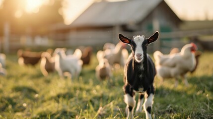 A baby goat standing in a vibrant green pasture with chickens in the background on a sunny day at a rustic farm.