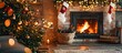 © Ilgun - Christmas Tree with Decorations Near a Fireplace with Lights. Copy space image. Place for adding text and design