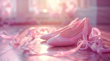 Pink ballet tutu and Pink Ballet shoes with ribbons on floor,Flat pink ballet dress,Concept of dance,ballet school, ballerinas clothes.