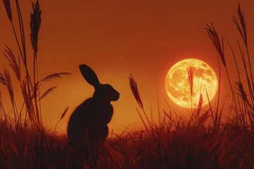Wall Mural - A rabbit is sitting in the grass next to a full moon