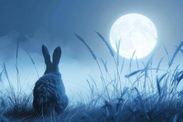 A rabbit is standing in a field of tall grass under a full moon